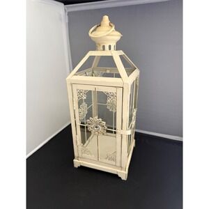 Vintage Cream Metal Lantern Shabby Chic Filigree Candle Holder 13 Inch